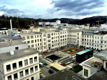 High angle view of buildings against sky