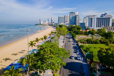 High angle view of buildings in city