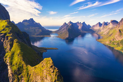 Panoramic view of lake and mountains against sky