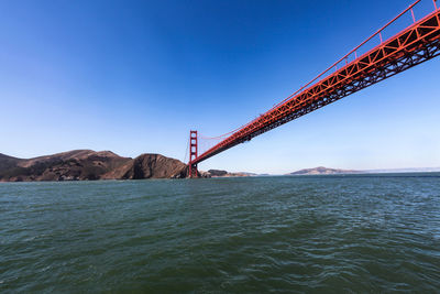 Suspension bridge over sea against clear sky