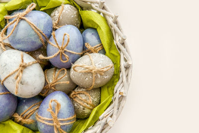 High angle view of eggs in basket