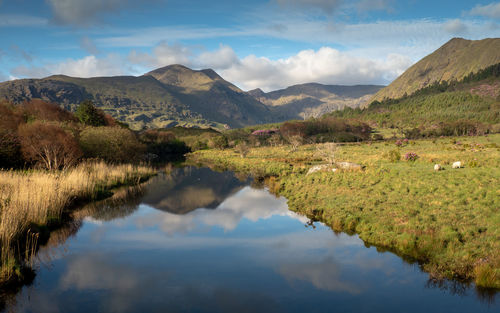 Scenic view of lake and mountains against sky