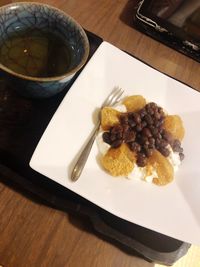 High angle view of dessert in plate on table