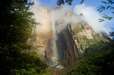 Scenic view of waterfall in forest against sky