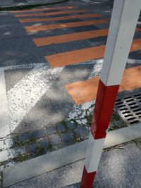 High angle view of road sign on street