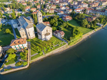 High angle view of river amidst buildings in city