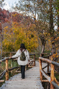 Girl on wooden footpath in plitvice lakes national park in croatia in autumn