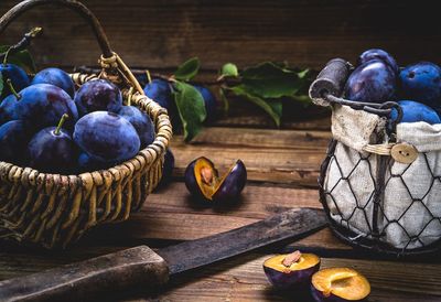 Close-up of fruits in basket on table