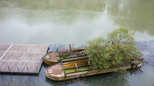 High angle view of boat moored in lake