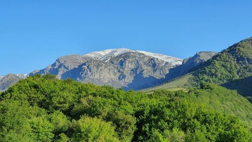 Scenic view of mountains against clear blue sky