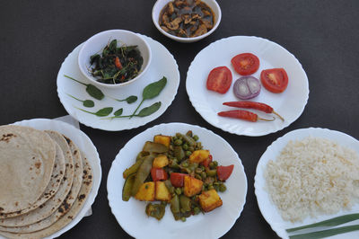 High angle view of meal served on table