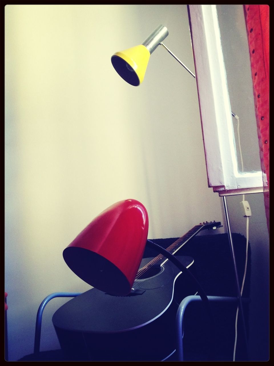 transfer print, auto post production filter, chair, indoors, absence, table, multi colored, still life, no people, empty, hanging, red, day, sunlight, close-up, yellow, toy, flag, group of objects, transportation