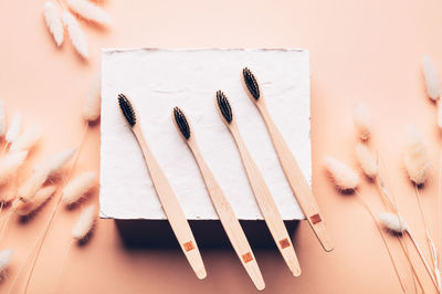 Close-up of toothbrushes with feathers on peace background