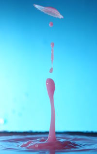 Close-up of pink water splashing against blue background