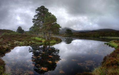 Scenic view of lake against cloudy sky