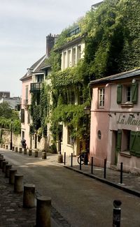 Houses by street in city against sky