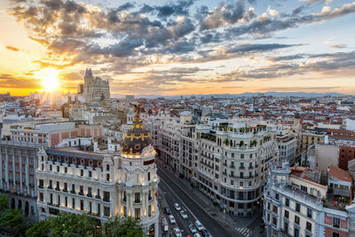 Aerial view of cityscape against sky during sunset