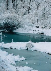 Close-up of snow on water against sky