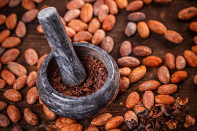 High angle view of mortar and pestle