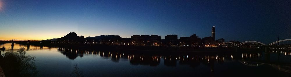 View of city lit up at night