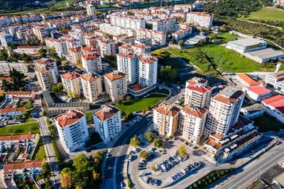 High angle view of buildings in city