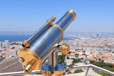 Aerial view of cityscape against clear blue sky