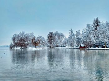 Scenic view of lake against clear sky during winter