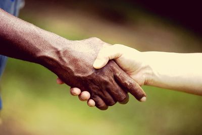 Close-up of people shaking hands in park