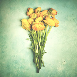 High angle view of yellow tulips in vase