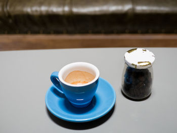 High angle view of coffee on table