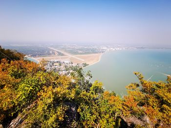High angle view of trees and sea against sky