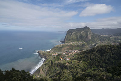 Scenic view of sea and mountains against sky