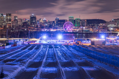 Illuminated ferris wheel in city against sky at night