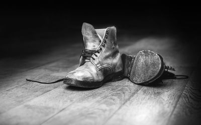 Close-up of shoes on wooden floor