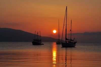 Silhouette of sailboats in sea during sunset