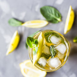 Iced drink in glass on table