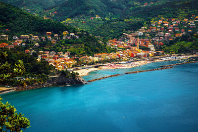 Aerial panoramic view of moneglia sea bay, punta manara hill, liguria, italy