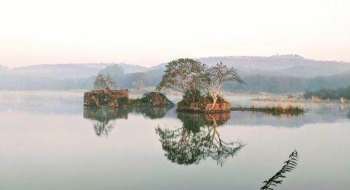 Scenic view of lake by trees against sky