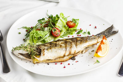 High angle view of fish served in plate