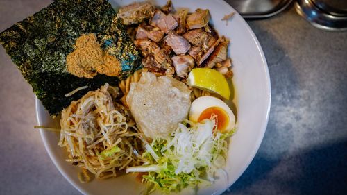 High angle view of meal served in plate on table