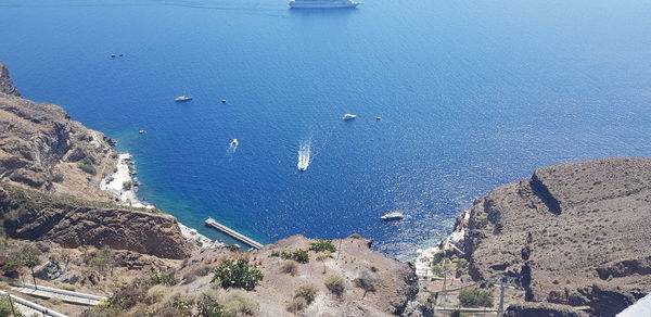 High angle view of beach against blue sky