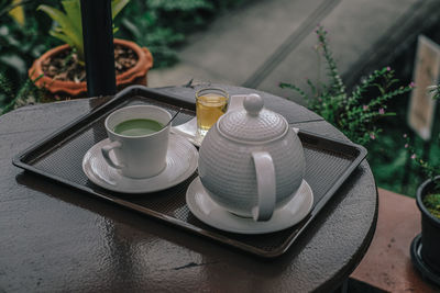 High angle view of tea cup on table