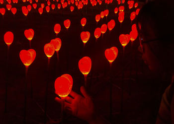 Woman touching heart shape illuminated decorations in darkroom