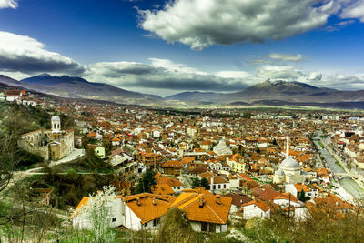 High angle shot of townscape against sky