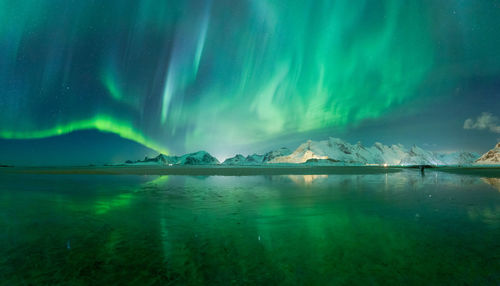 Scenic view of lake by snowcapped mountain against sky at night