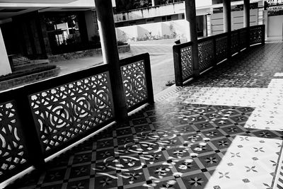 High angle view of empty tables and chairs in building