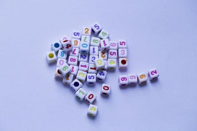 High angle view of numbers on beads over purple background