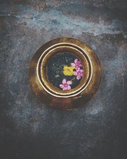 High angle view of pink flower on table