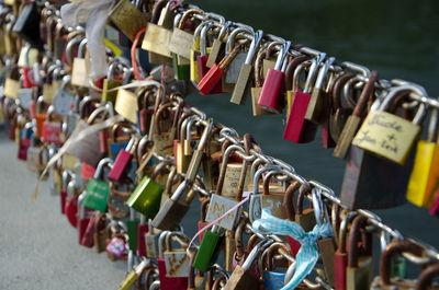 Close-up of padlocks hanging on railing