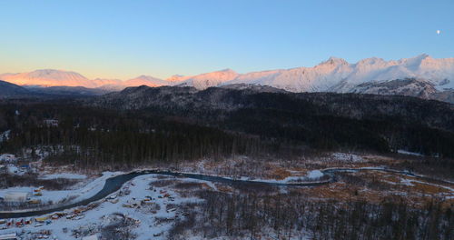 Scenic view of snowcapped mountains against sky during sunset